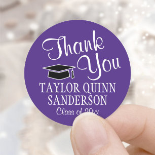 Graduation Thank You Script Modern Purple & White Classic Round Sticker