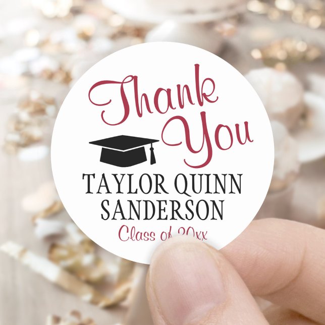 Graduation Thank You Script Modern Red Black White Classic Round Sticker (Creator Uploaded)