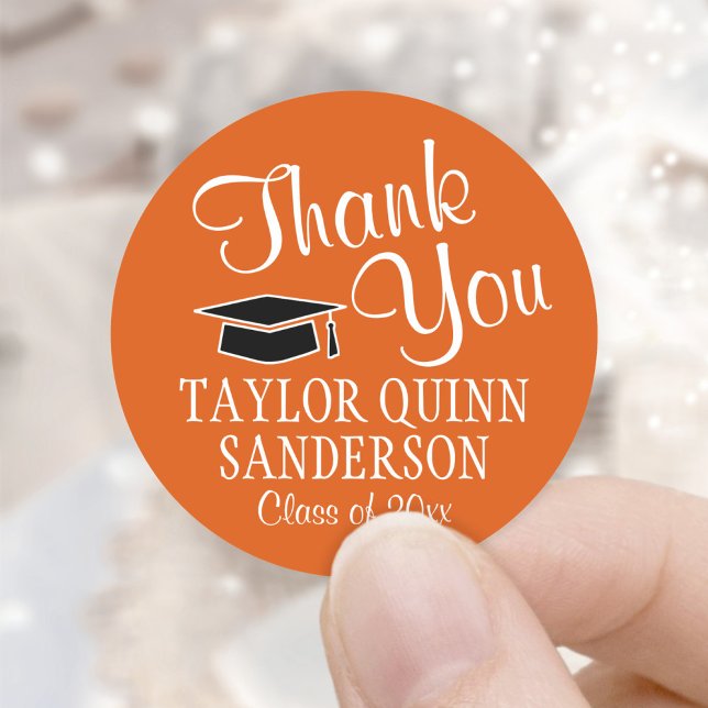 Graduation Thank You Script Orange Black and White Classic Round Sticker (Creator Uploaded)