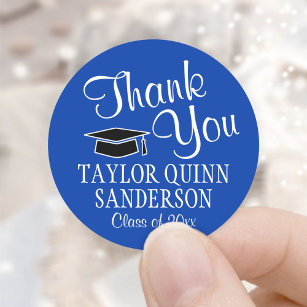 Graduation Thank You Script Royal Blue and White Classic Round Sticker