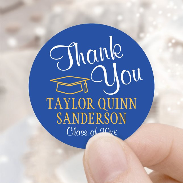 Graduation Thank You Script Royal Blue Gold Yellow Classic Round Sticker (Creator Uploaded)