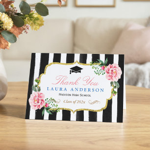 Graduation Thank You Watercolor Floral Stripes Card
