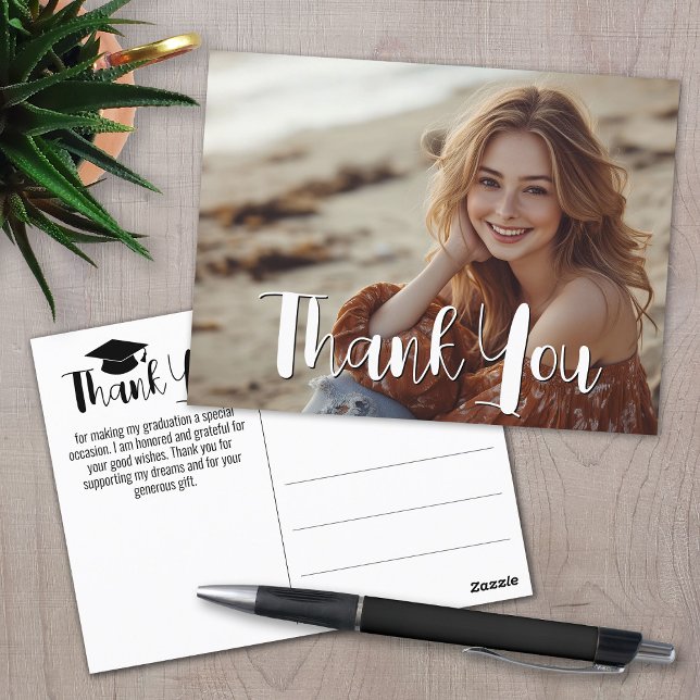 Graduation Thank You with Photo - Script White Postcard (Graduation Thank You Postcard)