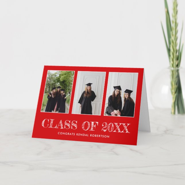 Graduation Three Photo Collage Congratulations Red Card (Front)