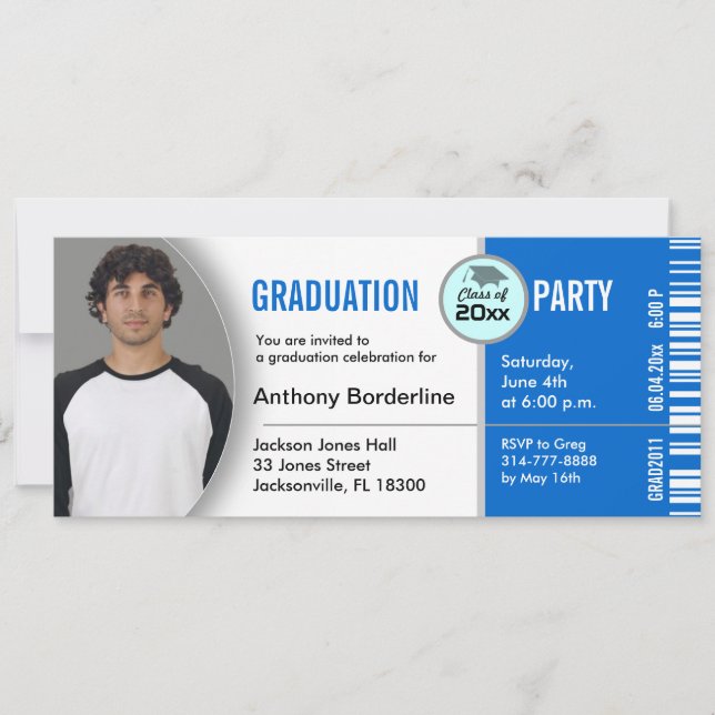 Graduation Ticket Party Invitation TKT313 Blue (Front)
