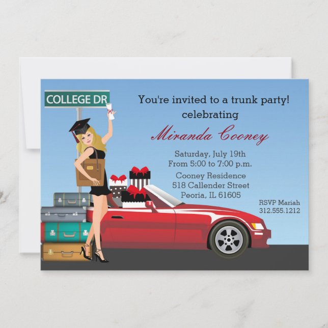 Graduation Trunk Party College Going Away Blonde Invitation (Front)