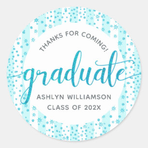 Graduation Turquoise Blue Glitter Confetti Script  Classic Round Sticker