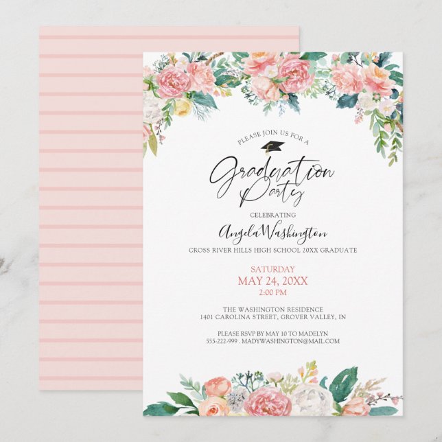 Graduation Watercolor Blush Pink Floral Script Invitation (Front/Back)