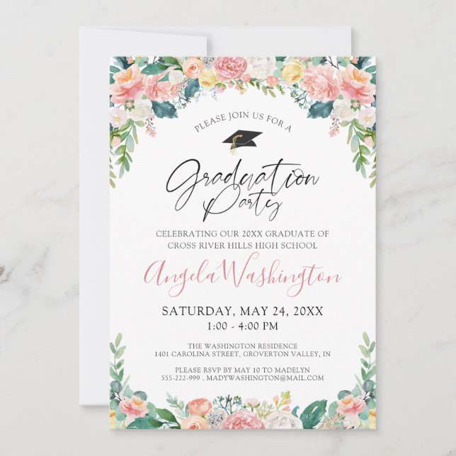 Graduation Watercolor Pink Floral Script Invitation (Front)
