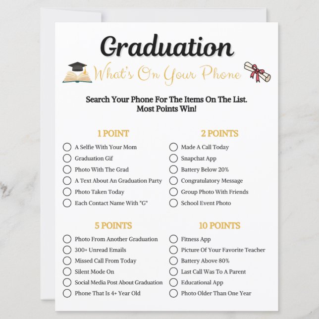 Graduation What's On Your Phone Game (Front)