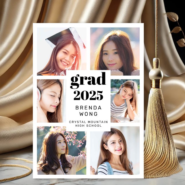 Graduation White 6 Photo Collage Black Script Announcement (Modern White Black Six Photo Graduation Announcement)