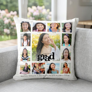 Graduation White Black K–12 Modern Photo Collage Cushion