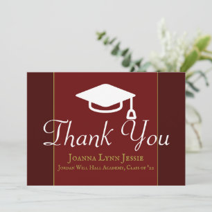 Graduation white Cap Thanks Script Maroon Thank You Card