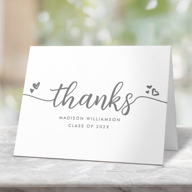 Graduation White Chic Modern Grey Script Hearts Thank You Card (Creator Uploaded)