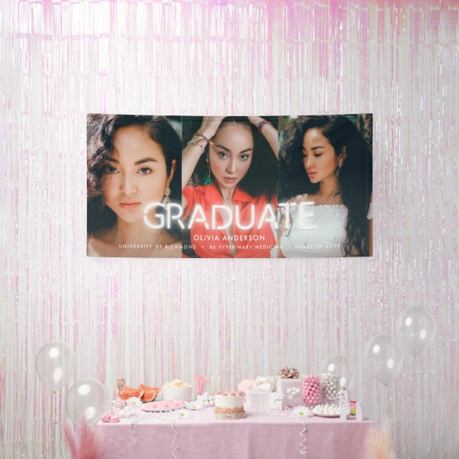 Graduation white neon multi photo modern party banner (Party)