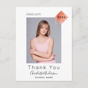 Graduation white rose gold modern photo thank you postcard