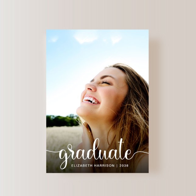 Graduation White Script Photo Overlay Announcement (A modern photo graduation announcement to celebrate the graduate's achievements)