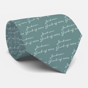 Graduation White Script Sage Green Personalised Tie
