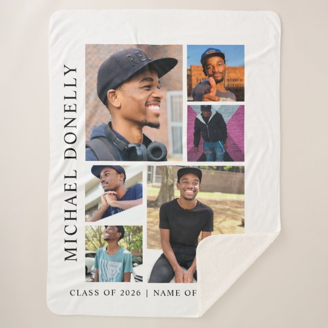 Graduation White Trendy 6 Photo Collage Sherpa Blanket (Front)