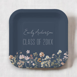 Graduation Wildflower Navy Blue Grad Modern Paper Plate
