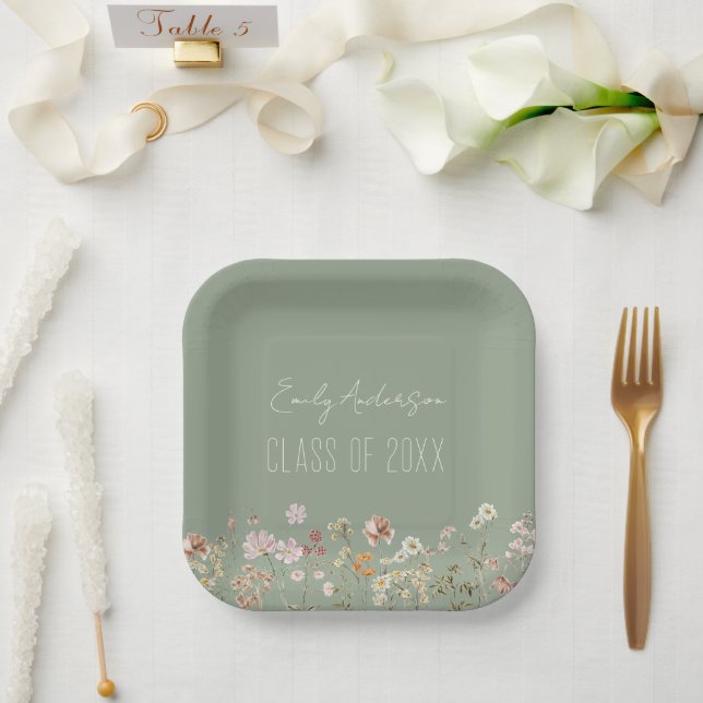 Graduation Wildflower Sage Green Grad Modern Paper Plate (Wedding)