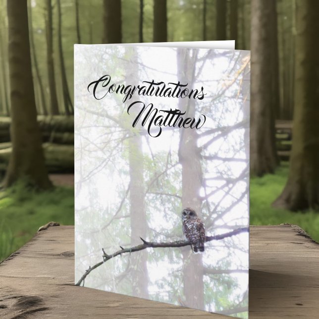 Graduation Wise Owl Inspirational Encouragement Card (Barred owl in misty forest personalized graduation card of congratulations, wise woodland wildlife)