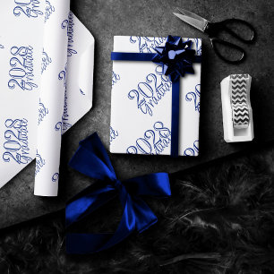 Graduation Year   Basic White on Blue Celebration Wrapping Paper