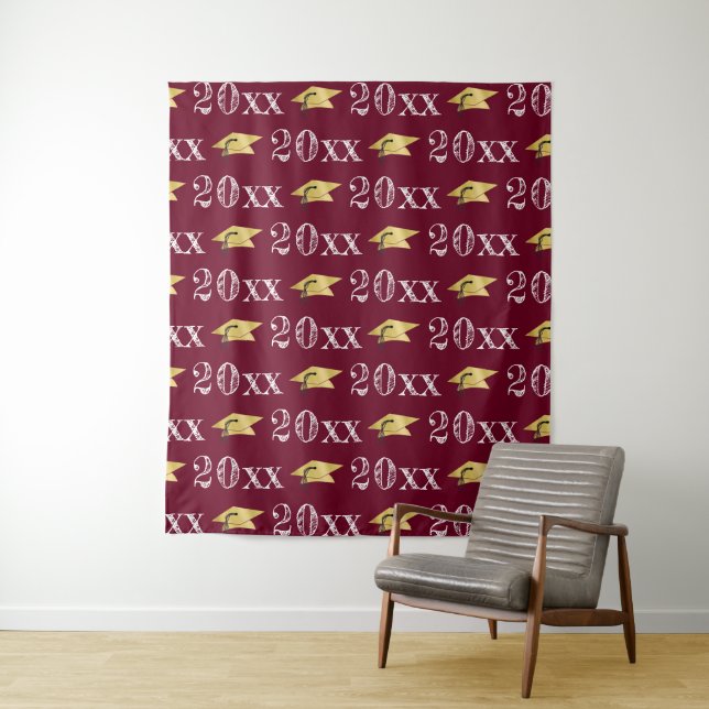 Graduation Year Metallic Gold Cap Pattern Photo Op Tapestry (In Situ)