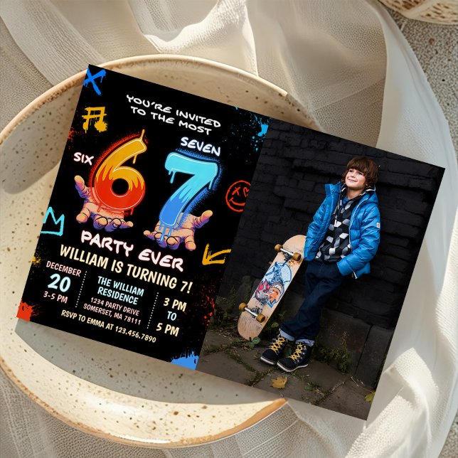 Graffiti 6 7 Meme Trend Six Seven Birthday Photo Invitation (Creator Uploaded)