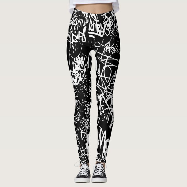 Graffiti Abstract Collage Print Pattern Leggings (Front)
