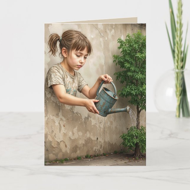 Graffiti Art of Young Girl Watering a City Tree Card (Front)