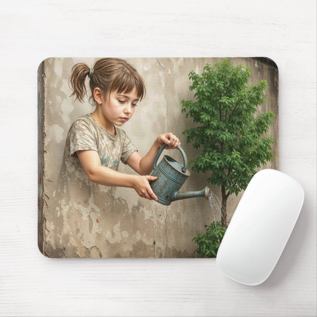 Graffiti Art of Young Girl Watering a City Tree Mouse Pad (With Mouse)