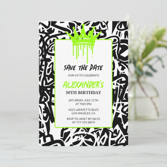 Graffiti Black Green 30th birthday Save the Date Invitation (Standing Front)