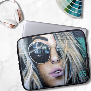 Graffiti Blonde Girl with Round Sunglasses Monogra Laptop Sleeve