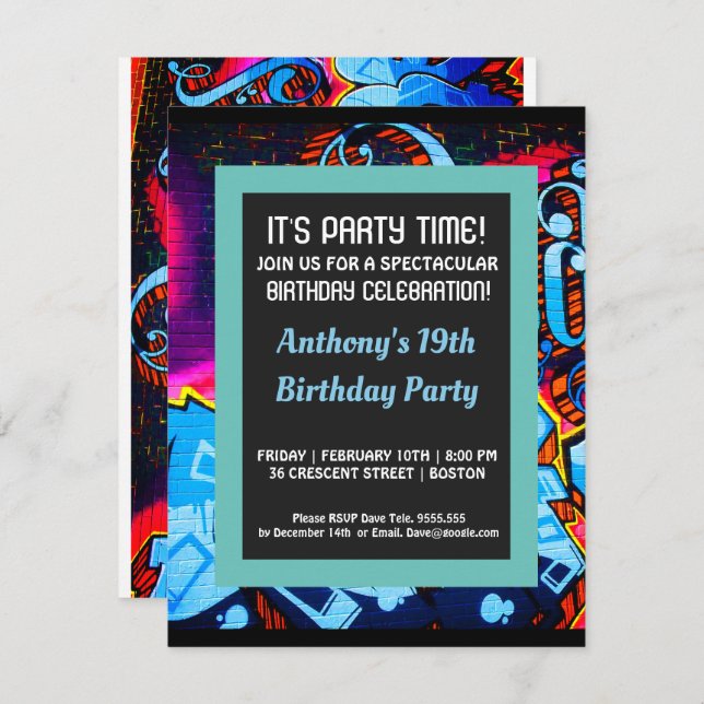 Graffiti Blue Abstarct Birthday Invitation (Front/Back)