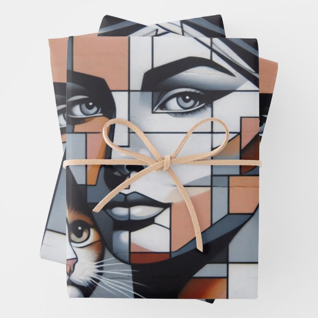 Graffiti Cat Lady Wrapping Paper Sheets (In situ)