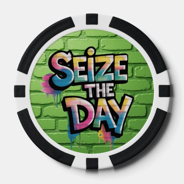 Graffiti Colorful Text Saying Seize The Day Poker Chips (Front)