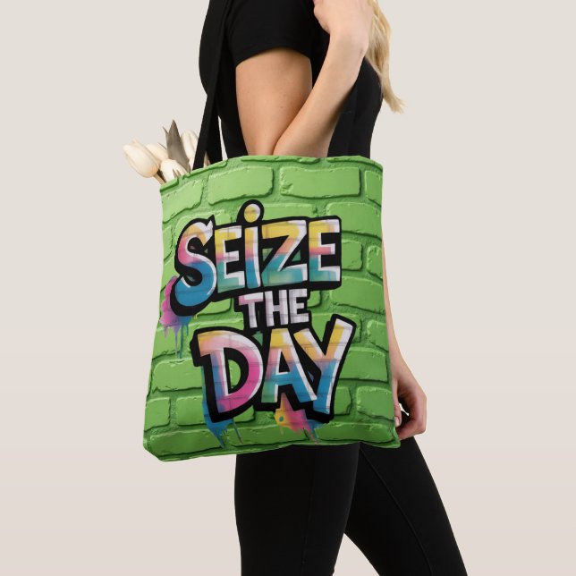 Graffiti Colorful Text Saying Seize The Day Tote Bag (Close Up)