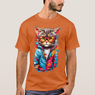 Graffiti Colourful Little Cat Wearing Glasses T-Shirt