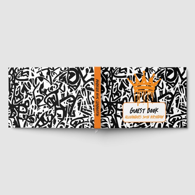Graffiti Crown Black Orange Birthday Guest Book (Full)