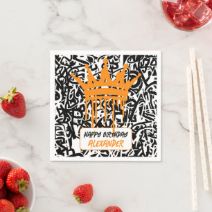 Graffiti Crown Black Orange Happy Birthday Napkin