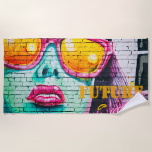 Graffiti Future Is Bright Neon Girl & Sunglasses  Beach Towel