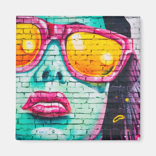 Graffiti girl street art pop teal pink yellow magnet (Front)