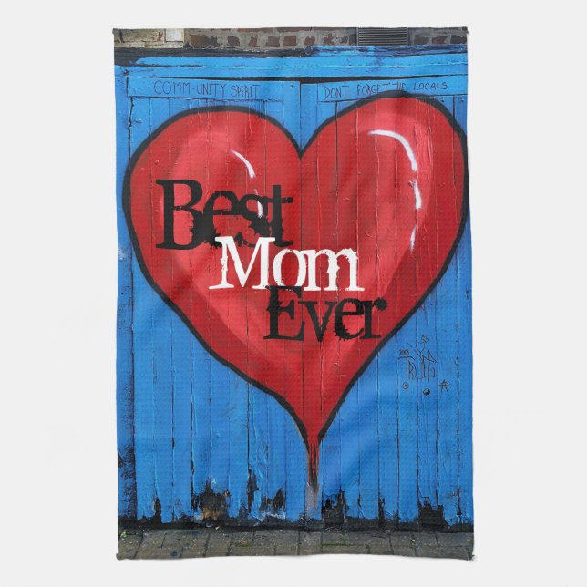 Graffiti Heart, blue wall, Best Mum Ever kitchen Tea Towel (Vertical)
