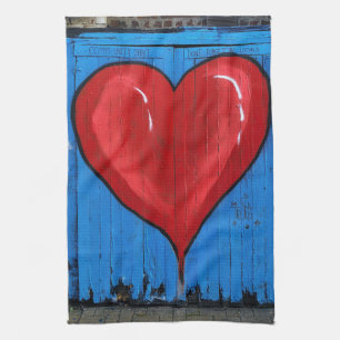 Graffiti Heart, blue wall, Valentine, kitchen Tea Towel