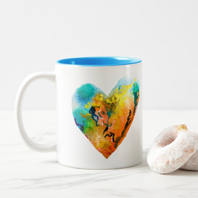 Graffiti heart watercolor art Two-Tone coffee mug (With Donut)