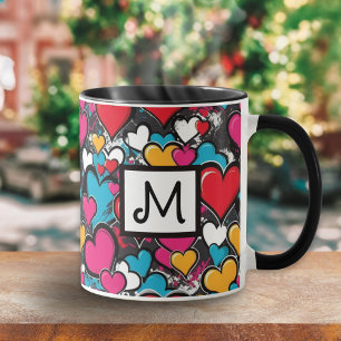 Graffiti Hearts Colorful Pattern Monogrammed Mug