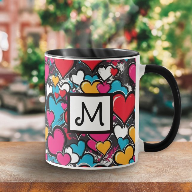 Graffiti Hearts Colorful Pattern Monogrammed Mug (A colorful coffee mug with monogram initial and vibrant graffiti hearts design in street art style)