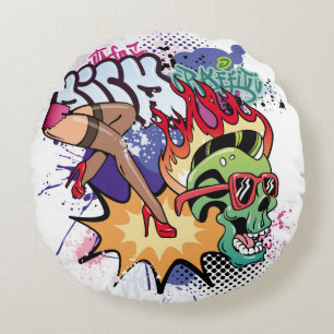 Graffiti illustration with street graffiti letters round cushion