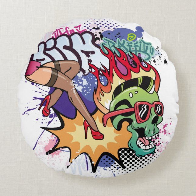 Graffiti illustration with street graffiti letters round cushion (Front)